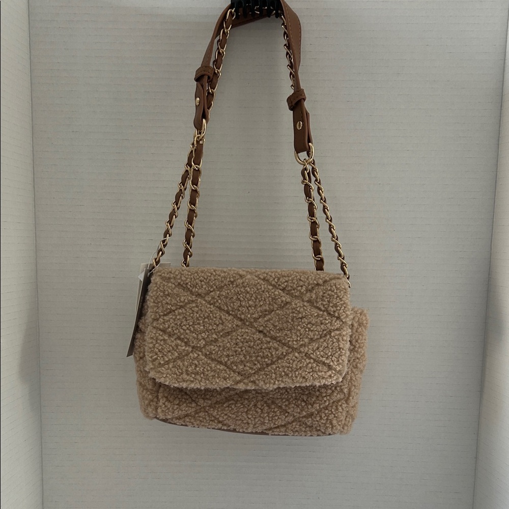JENNU VEGAN SOFIA VEGAN SHERPA CROSSBODY, Model JN2409 Color: TAN. NEW